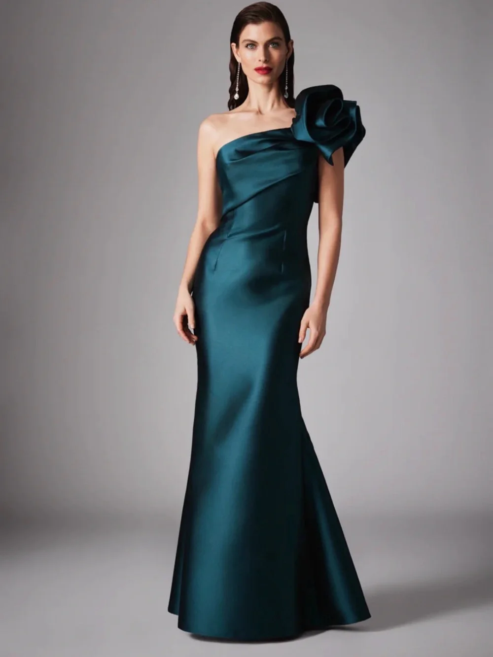 Elegant One-Shoulder Teal Satin Evening Gown with Floral Shoulder Detail